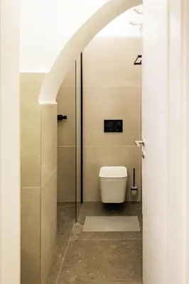 a bathroom with a white toilet in a room at Vila Jakopič apartments in Ljubljana