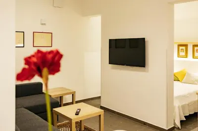 a living room with a couch and a tv on a wall at Vila Jakopič apartments in Ljubljana