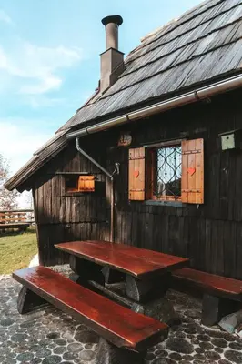 a wooden hut with a picnic table in front of it at Velika planina - Chalet Stane - Alps in Stahovica