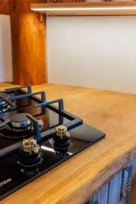 a stove top oven sitting on top of a kitchen counter at Velika planina - Chalet Stane - Alps in Stahovica