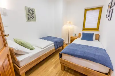 a bedroom with two beds and a mirror at Vilaraj in Maribor