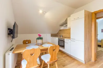 a kitchen with a wooden table and chairs at Vilaraj in Maribor