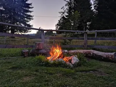 a fire in the grass in front of a fence at Triglav Cottage in Bohinj