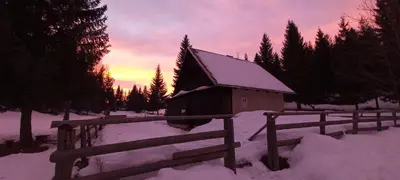 a barn in a snow covered field with a fence at Triglav Cottage in Bohinj
