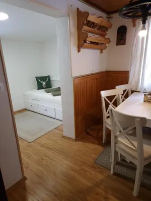 a living room with a table and chairs and a couch at Triglav Cottage in Bohinj