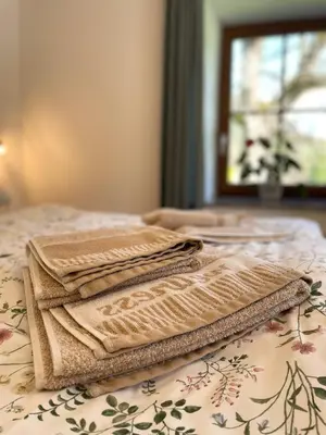 two towels are sitting on top of a bed at Apartment House Prezlc in Kranjska Gora