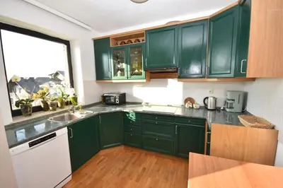 a green kitchen with green cabinets and a window at apartmaji LEJARDIN in Škofljica
