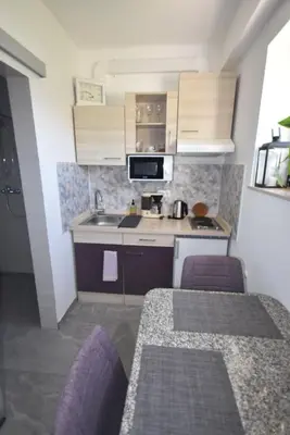 a small kitchen with a sink and a table at apartmaji LEJARDIN in Škofljica