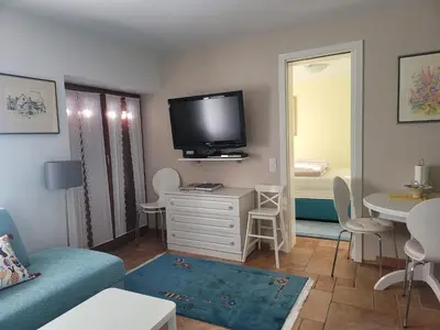 a living room with a tv and a couch and a table at Apartma Modro gnezdo in Kranjska Gora