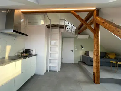 a kitchen and a living room with a loft at Relax & Enjoy Ljubljana in Ljubljana