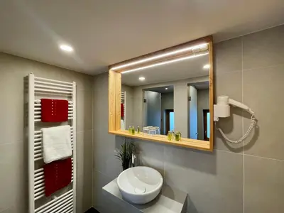 a bathroom with a toilet and a mirror at Hotel ŠURC in Kranjska Gora