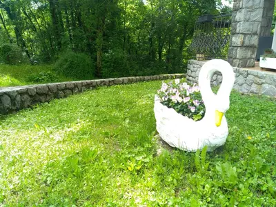 a white swan sitting in the grass with flowers at Pri Martinovih in Deskle