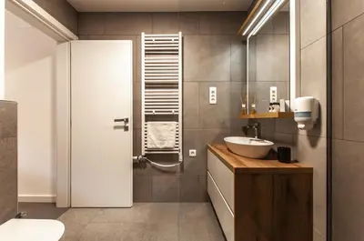 a bathroom with a sink and a toilet in it at Apartments Ursus in Bled
