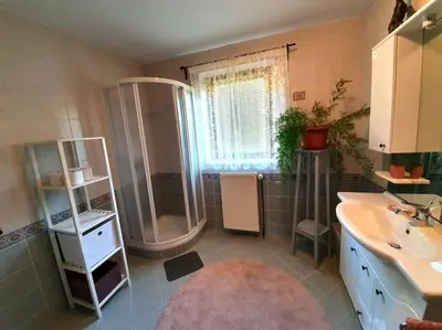 a bathroom with a shower and a sink at House Pucnk-beautiful countryside in Železniki