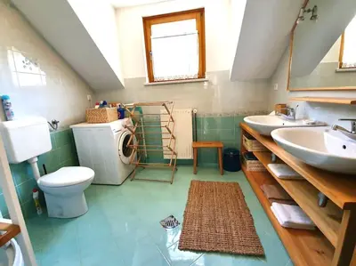 a bathroom with two sinks and a washing machine at House Pucnk-beautiful countryside in Železniki