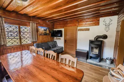 a living room with a table and a couch and a fireplace at Holiday Home Iris in Zgornje Jezersko