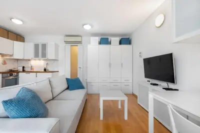 a white living room with a couch and a tv at Attractive Njegoševa Apartment with a Balcony in Ljubljana