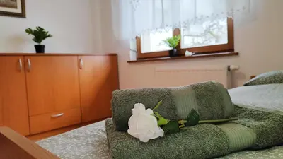 a bedroom with a green chair with a flower on it at Apartmaji Dora in Mojstrana