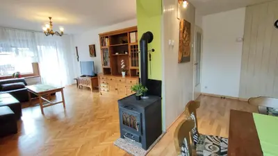 a living room with a black stove in it at Apartmaji Dora in Mojstrana