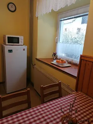a kitchen with a refrigerator and a window with a plate of fruit at Apartma Tilika in Kranjska Gora