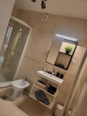 a bathroom with a toilet and a sink and a mirror at 47 Heaven Luxury House in Radovljica