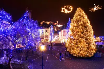 a lit up christmas tree in a city at night at That Cat Flat - free parking, near city center, cats! in Ljubljana