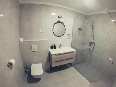a bathroom with a shower and a sink and a toilet at ALPS Apartments in Kranjska Gora
