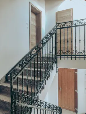 a staircase with black railings and a wooden door at ALPS Apartments in Kranjska Gora