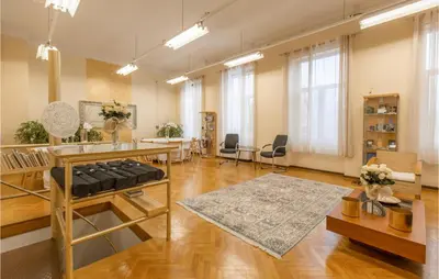a large room with a table and chairs in it at Beautiful Home In Obrov in Obrov