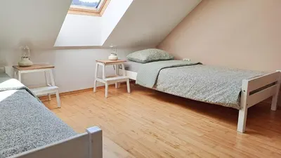 a attic bedroom with two beds and a skylight at HomeSlovenia - your Home in the Heart of Slovenia in Selca