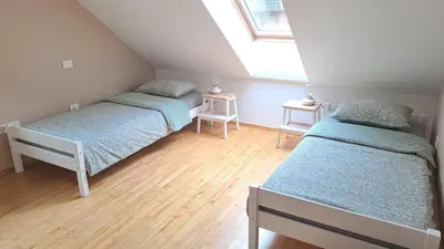 a attic bedroom with two beds and a window at HomeSlovenia - your Home in the Heart of Slovenia in Selca