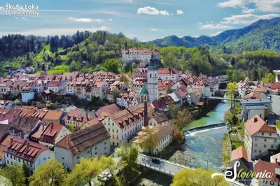 an aerial view of a town with a river and buildings at HomeSlovenia - your Home in the Heart of Slovenia in Selca