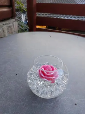 a glass bowl with a pink rose in it on a table at Turistična kmetija Štupar in Dvor