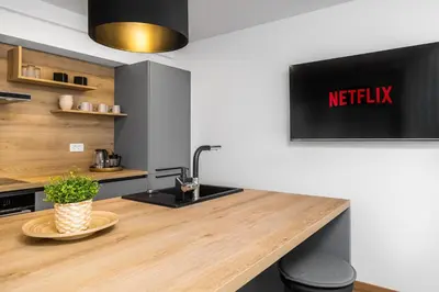 a kitchen with a counter with a tv on the wall at Apartmaji Spalina, Ivančna Gorica in Veliko Črnelo