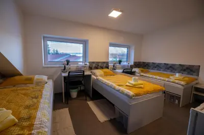 a room with two beds and a sink in it at Hostel Veronika Celje in Celje