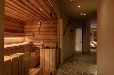 a room with a sauna with wooden walls at Vila Pavlina in Kranjska Gora