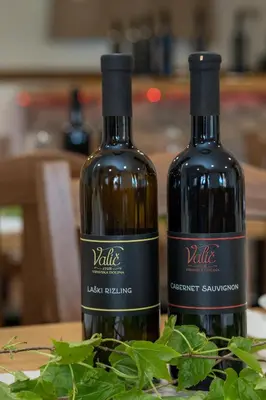two bottles of wine sitting on a table at Apartma Valič in Ajdovščina
