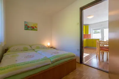 a bedroom with a bed and a large mirror at Ela Apartments - 2 in Dovje