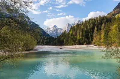 a river in a valley with mountains in the background at Ela Apartments - 2 in Dovje