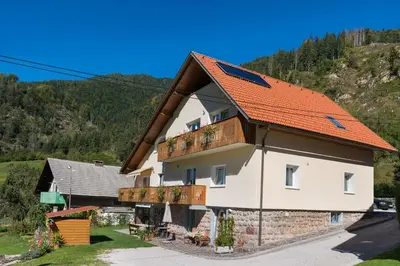 a house with an orange roof in the mountains at Ela Apartments - 2 in Dovje
