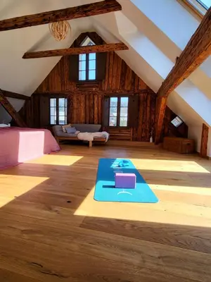 a large room with a blue yoga mat on the floor at Escape to Bohinj House in Bohinj