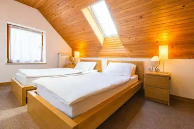 two beds in a room with a wooden ceiling at Lepa Soca House in Čezsoča