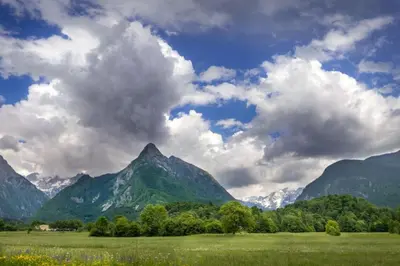 a green field with mountains in the background at Lepa Soca House in Čezsoča