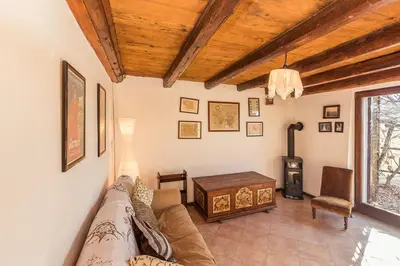 a living room with a couch and a wooden ceiling at Little Vista in Kojsko