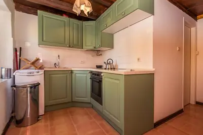 a kitchen with green cabinets and a trash can at Little Vista in Kojsko