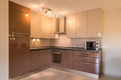 a kitchen with stainless steel appliances and white cabinets at Sava View 8 in Ribno