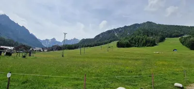 a field of green grass with mountains in the background at Family house Kranjska Gora in Kranjska Gora