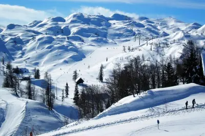 a group of people skiing down a snow covered mountain at Villa Frida in Bohinj