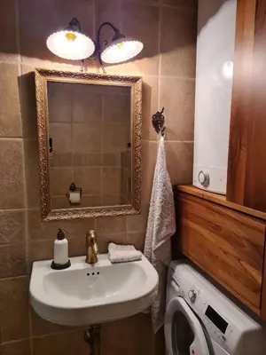 a bathroom with a sink and a toilet and a mirror at Apartment Soul with Free Parking in Kranjska Gora