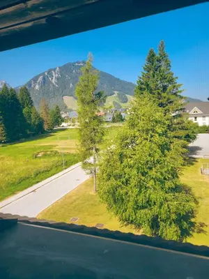 a view of a road with trees and a mountain at Apartment Soul with Free Parking in Kranjska Gora